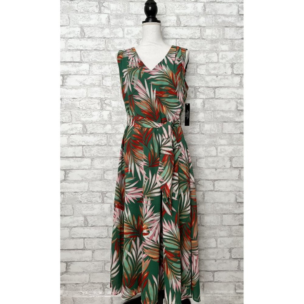 Tahari Woman’s 12 Green Red Pink Palm Fern Tropical Maxi Hi Low Dress